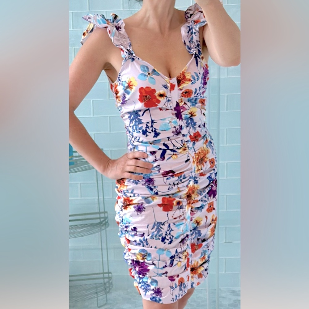 Guess Ruched and Ruffled Floral Stretchy Dress
